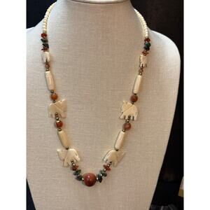 Carved Bone in shape of Elephant Necklace with Stone Beads & Brass Accents
